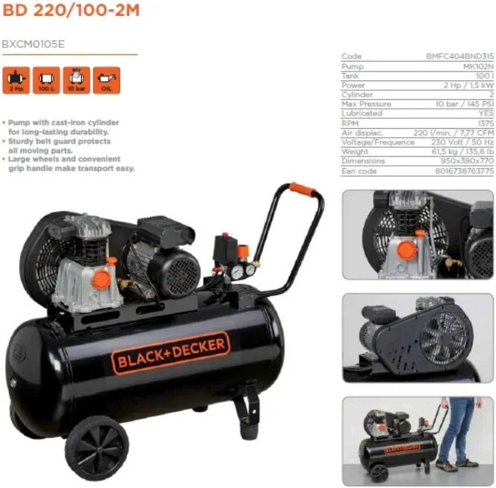 کمپرسور هوا بلک اند دکر، تسمه ای، مخزن افقی 100 لیتری، فشار 10 بار (145 psi)، موتور 2.0 اسب بخار، توان 1 فاز/220 ولت/50 هرتز، جابجایی هوا 220 لیتر در دقیقه (7.7 cfm)، مشکی