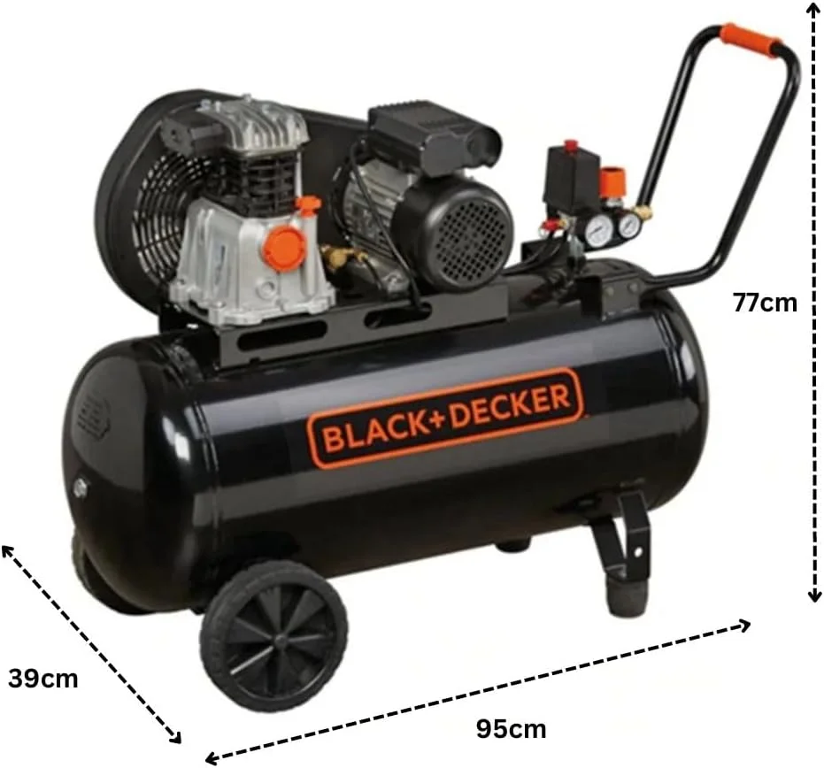 کمپرسور هوا بلک اند دکر، تسمه ای، مخزن افقی 100 لیتری، فشار 10 بار (145 psi)، موتور 2.0 اسب بخار، توان 1 فاز/220 ولت/50 هرتز، جابجایی هوا 220 لیتر در دقیقه (7.7 cfm)، مشکی
