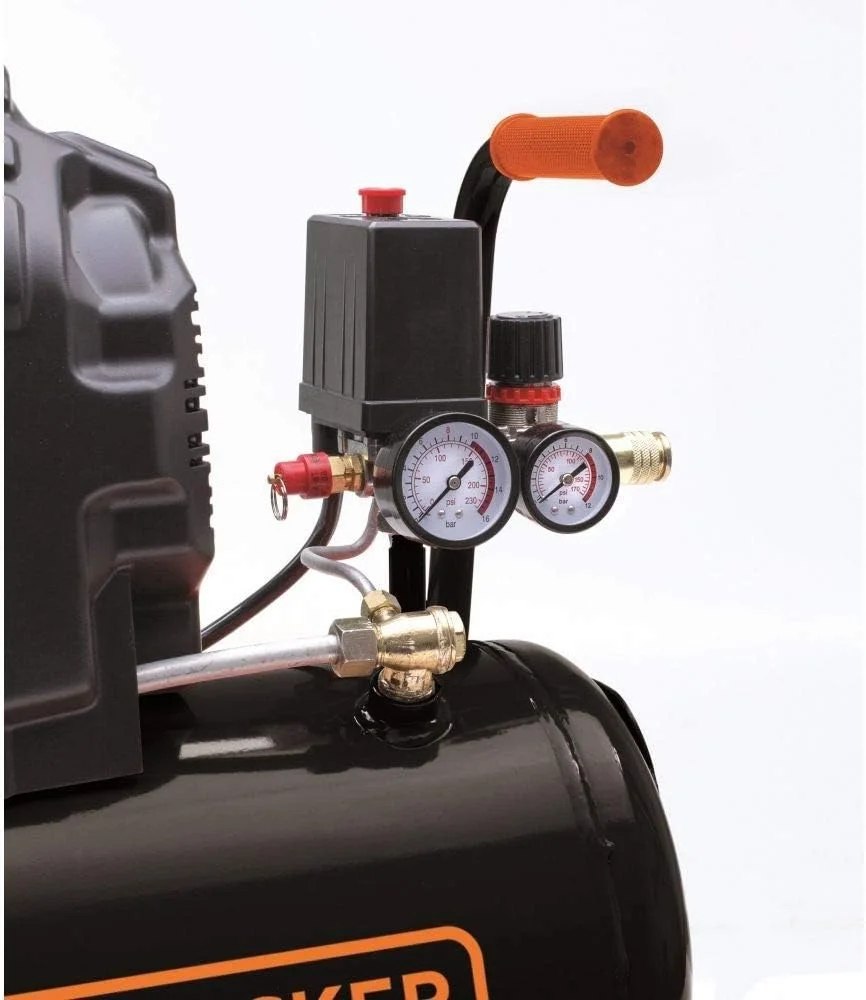 کمپرسور هوا بلک اند دکر با مخزن 24 لیتری، پمپ 2 اسب بخار، عملکرد قدرتمند، مقاوم، قابل حمل برای مصارف خانگی و DIY، مشکی