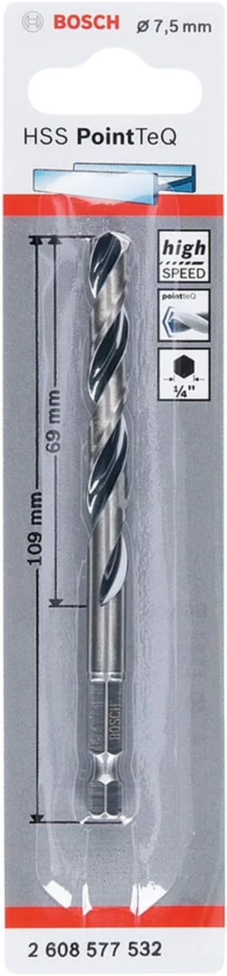 مته فلز HSS PointTeQ بوش پروفشنال (قطر: 7.5 میلی متر، طول کارکرد: 69 میلی متر، طول کلی: 109 میلی متر، دنباله ¼ اینچی، مناسب برای دریل های ضربه ای و دریل پیچ گوشتی ها) مته فلز HSS PointTeQ بوش پروفشنال (قطر: 7.5 میلی متر، طول کارکرد: 69 میلی متر، طول کلی: 109 میلی متر، دنباله ¼ اینچی، مناسب برای دریل های ضربه ای و دریل پیچ گوشتی ها)