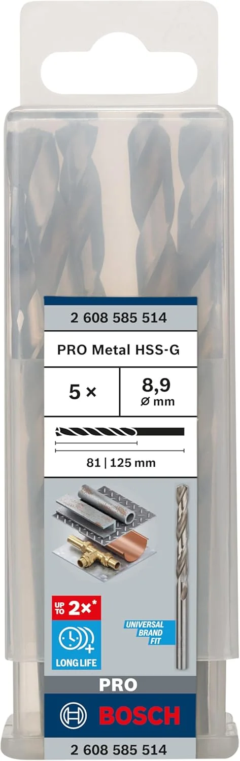 مته فلز HSS-G بوش مدل 2608585514، سایز 8.9 میلی‌متر، طول 81 میلی‌متر، طول کل 125 میلی‌متر، نقره‌ای، بسته 5 عددی