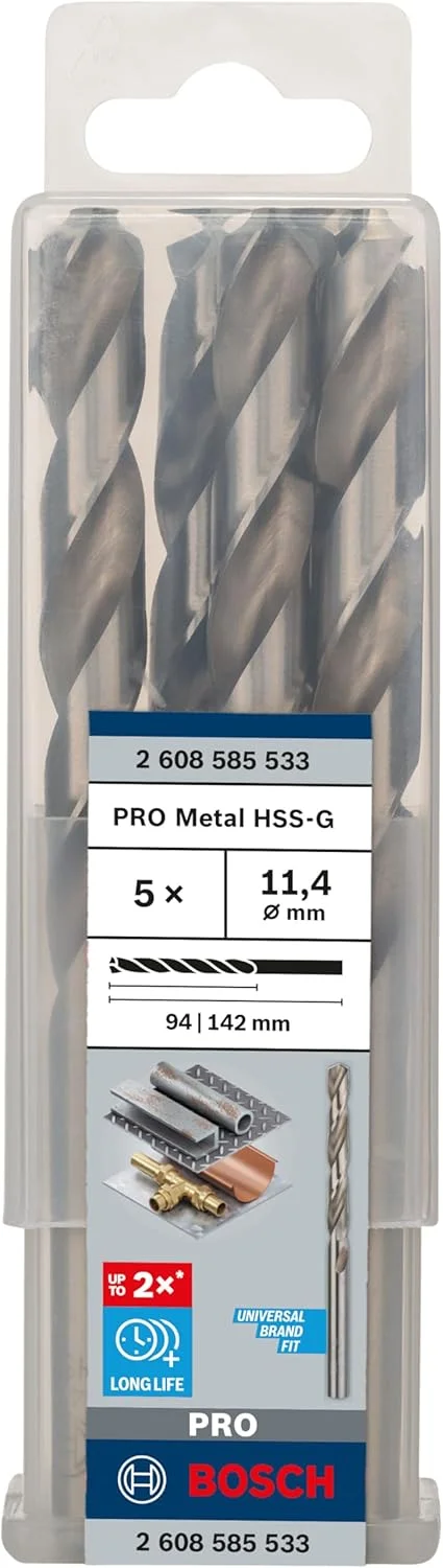 مته فلز HSS-G بوش مدل 2608585533 Din338، سایز 11.4 میلی متر × 94 میلی متر × 142 میلی متر، نقره ای، بسته 5 عددی