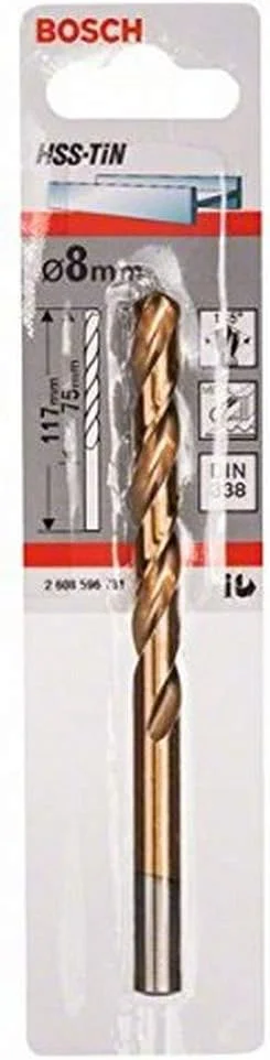 مته فلز HSS-Tin بوش 2608596731، استاندارد DIN338، سایز 8.0 میلی متر x 75 میلی متر x 117 میلی متر، نقره ای