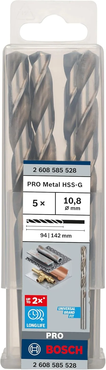 مته فلز HSS-G بوش مدل 2608585528 Din338، سایز 10.8 میلی‌متر × 94 میلی‌متر × 142 میلی‌متر، نقره‌ای، بسته‌ی 5 عددی