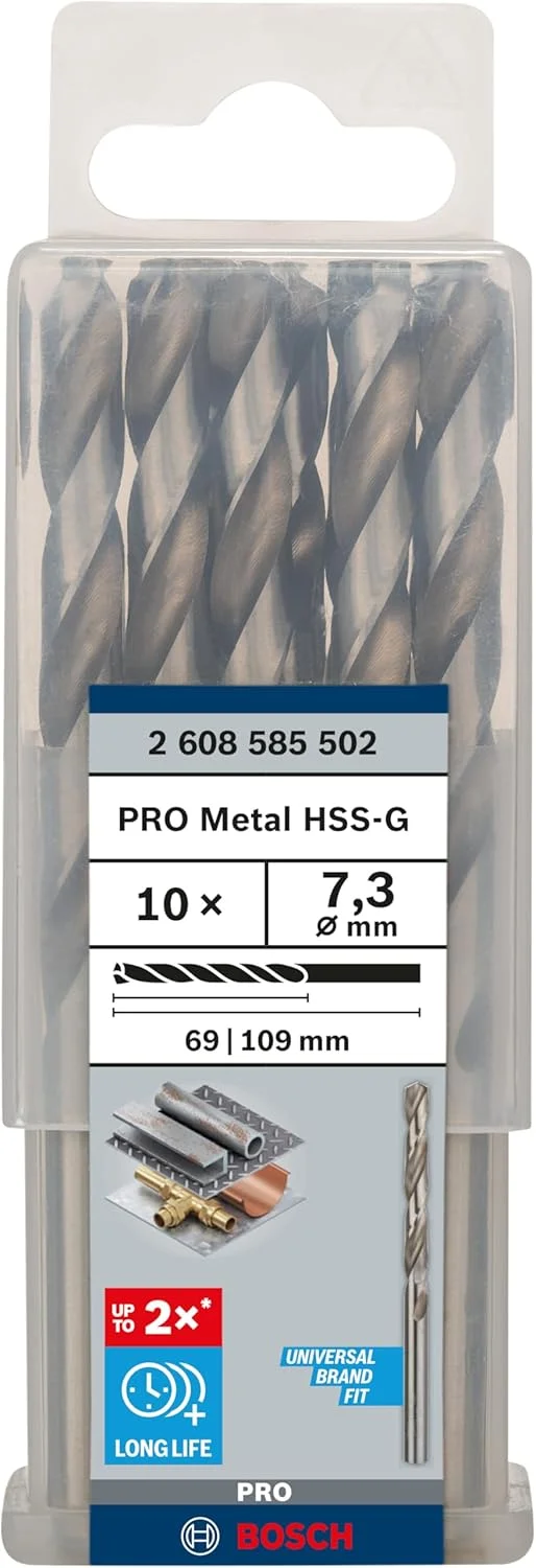 مته فلز HSS-G بوش مدل Din338، سایز 7.3 میلی متر x 69 میلی متر x 109 میلی متر، نقره ای، بسته 10 عددی