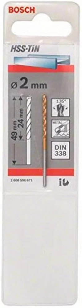 مته فلز HSS-Tin بوش 2608596671، استاندارد DIN338، سایز 2.0 میلی متر در 24 میلی متر در 49 میلی متر، نقره ای