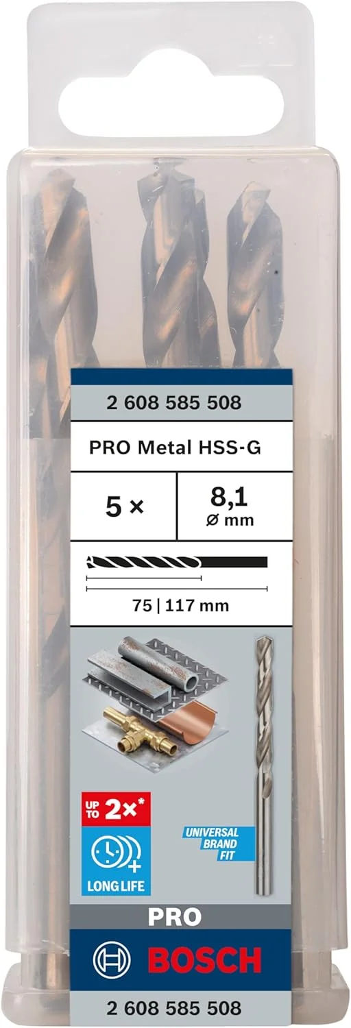 مته فلز HSS-G بوش مدل 2608585508 Din338، سایز 8.1 میلی‌متر × 75 میلی‌متر × 117 میلی‌متر، نقره‌ای، بسته‌ی 5 عددی