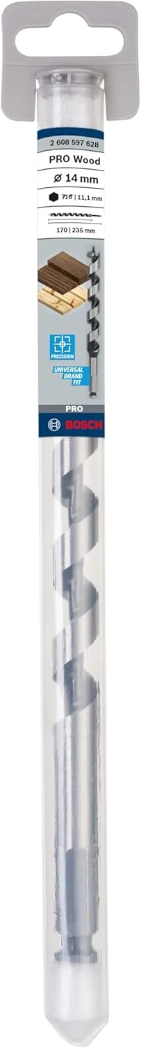 مته حلزونی چوب بوش با دنباله شش گوش، 14 میلی متر × 160 میلی متر × 235 میلی متر، نقره ای