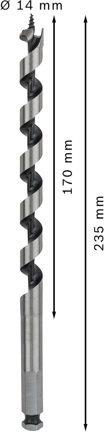 مته حلزونی چوب بوش با دنباله شش گوش، 14 میلی متر × 160 میلی متر × 235 میلی متر، نقره ای