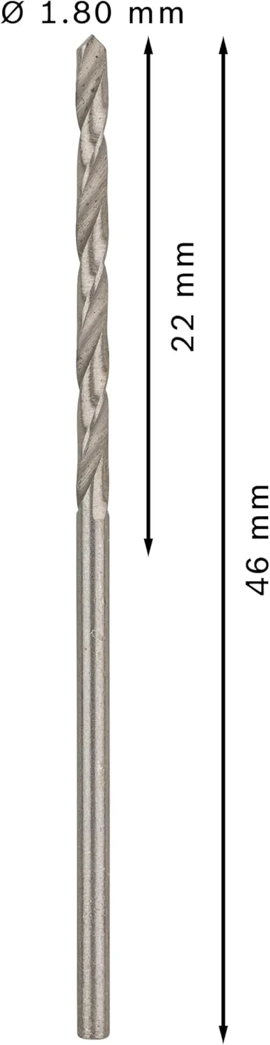 مته فلز HSS-G بوش 2608585473، استاندارد Din338، سایز 1.8 میلی‌متر × 22 میلی‌متر × 46 میلی‌متر، نقره‌ای، بسته‌ 10 عددی
