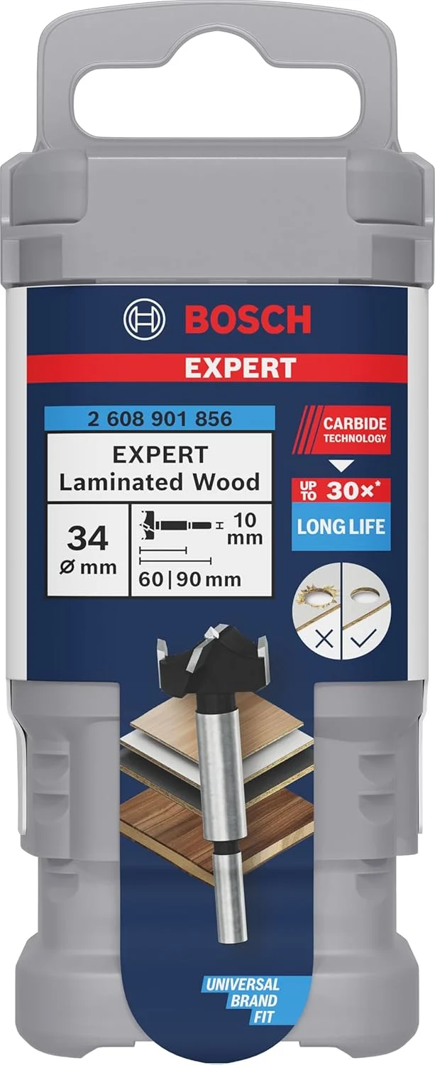 مته سوراخ لولا چوب روکش دار بوش مدل Expert، مناسب برای پنل های روکش پلاستیکی، تخته مبلمان چوب جامد، 34.00 میلی متر، لوازم جانبی حرفه ای برای دریل ایستاده