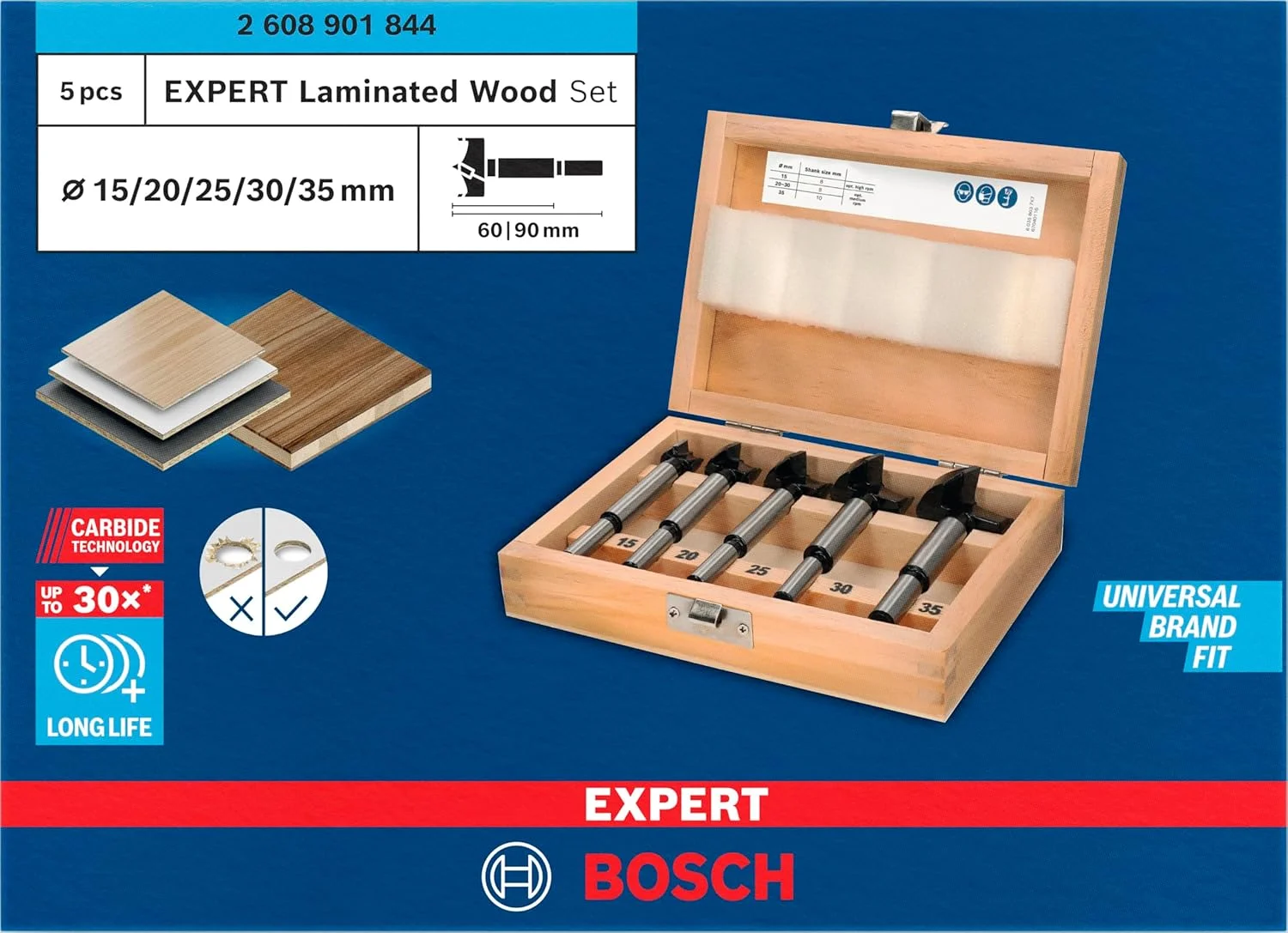 مجموعه مته سوراخ لولای 5 عددی بوش Expert برای تخته سه لایی (برای پانل های روکش پلاستیکی، صفحه مبلمان چوب جامد، 15.0، 20.0، 25.0، 30.0، 35.0 میلی متر، لوازم جانبی حرفه ای برای دریل ایستاده)
