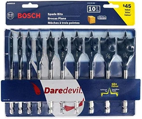 مجموعه ۱۰ عددی مته سرتخت استاندارد بوش مدل DSB5010 Daredevil با رزوه مخروطی کامل و نوک مهمیزدار، آبی