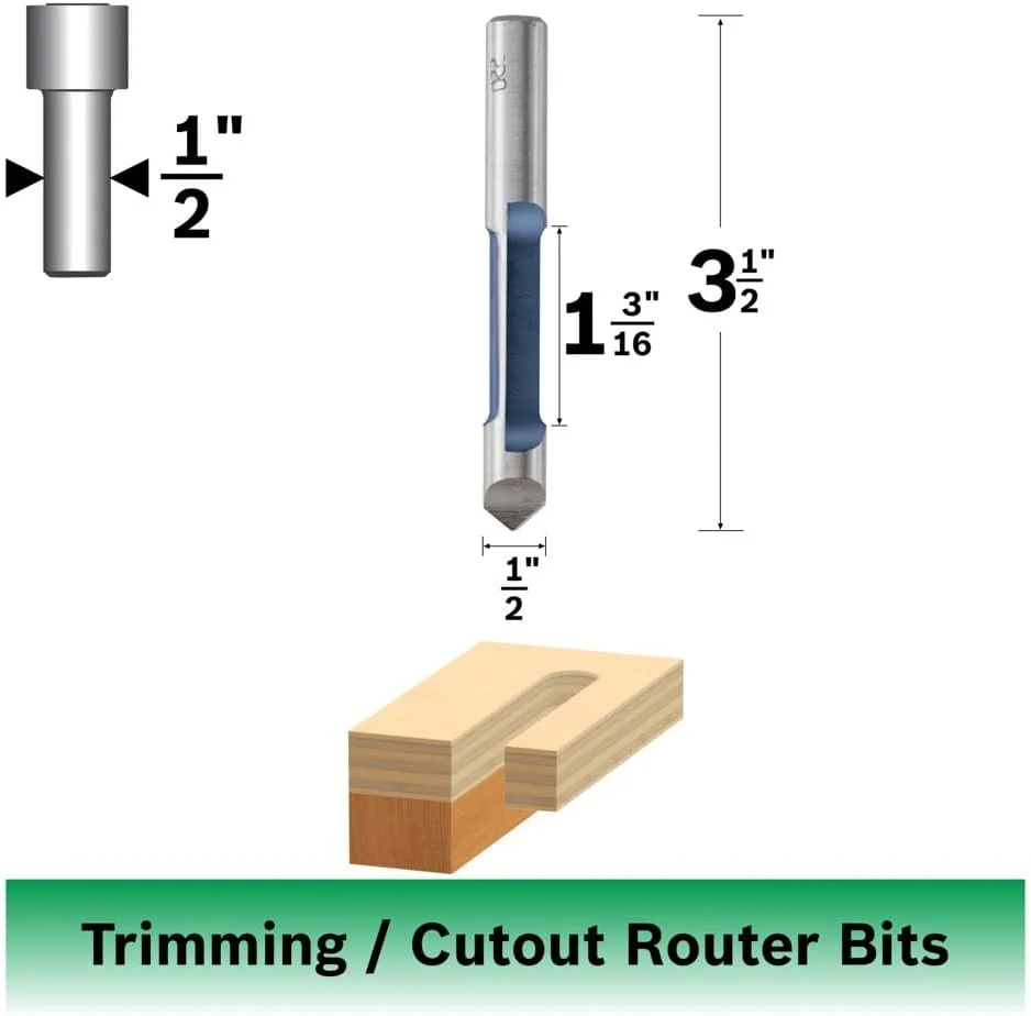 مته فرز نجاری بوش 85246 با نوک کاربید و دنباله 1/2 اینچ، شیار مستقیم، تک فلوت