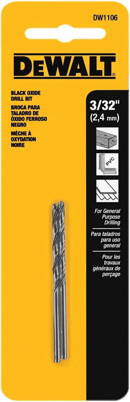 مته پیچشی اکسید مشکی DEWALT DW1106 با نوک شکافته 3/32 اینچ (بسته 2 عددی)