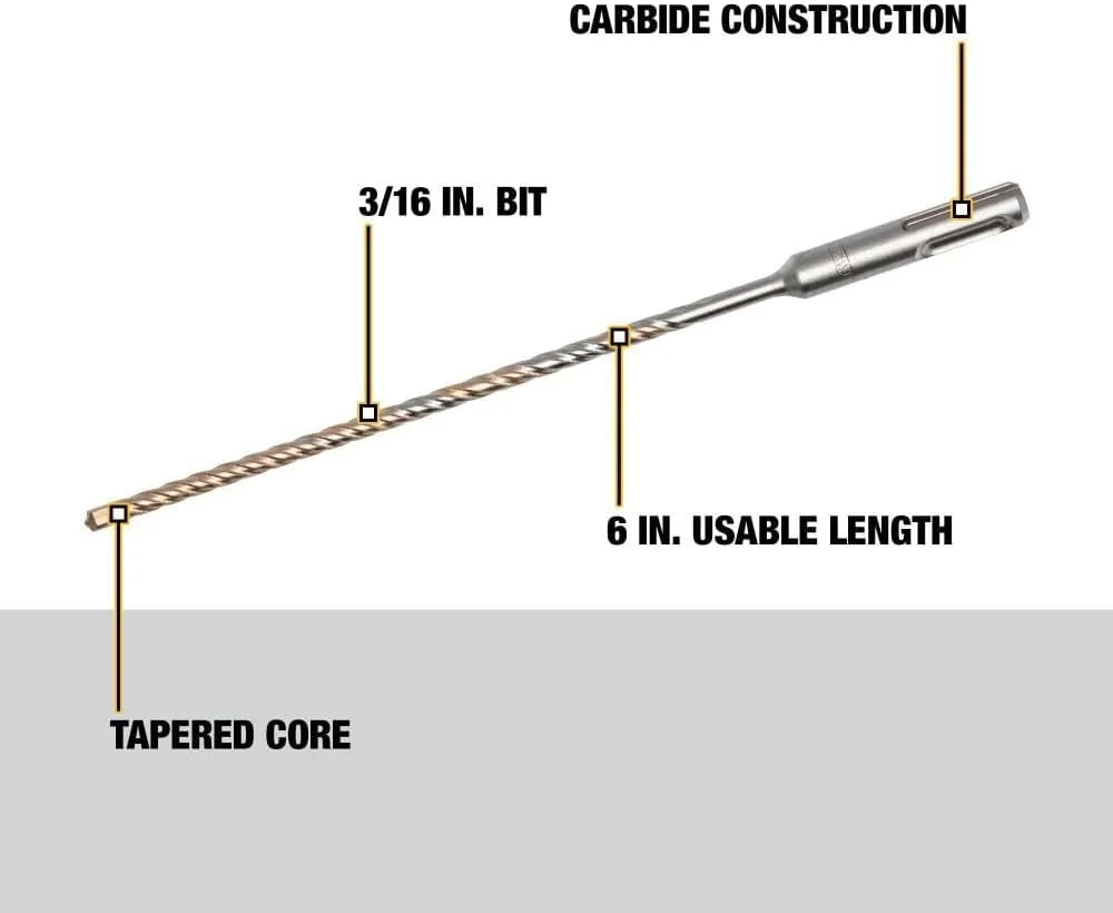 مته چکش SDS Plus کاربید راک DeWalt DW5404، سایز 3/16 اینچ در 6-1/2 اینچ در 8-1/2 اینچ