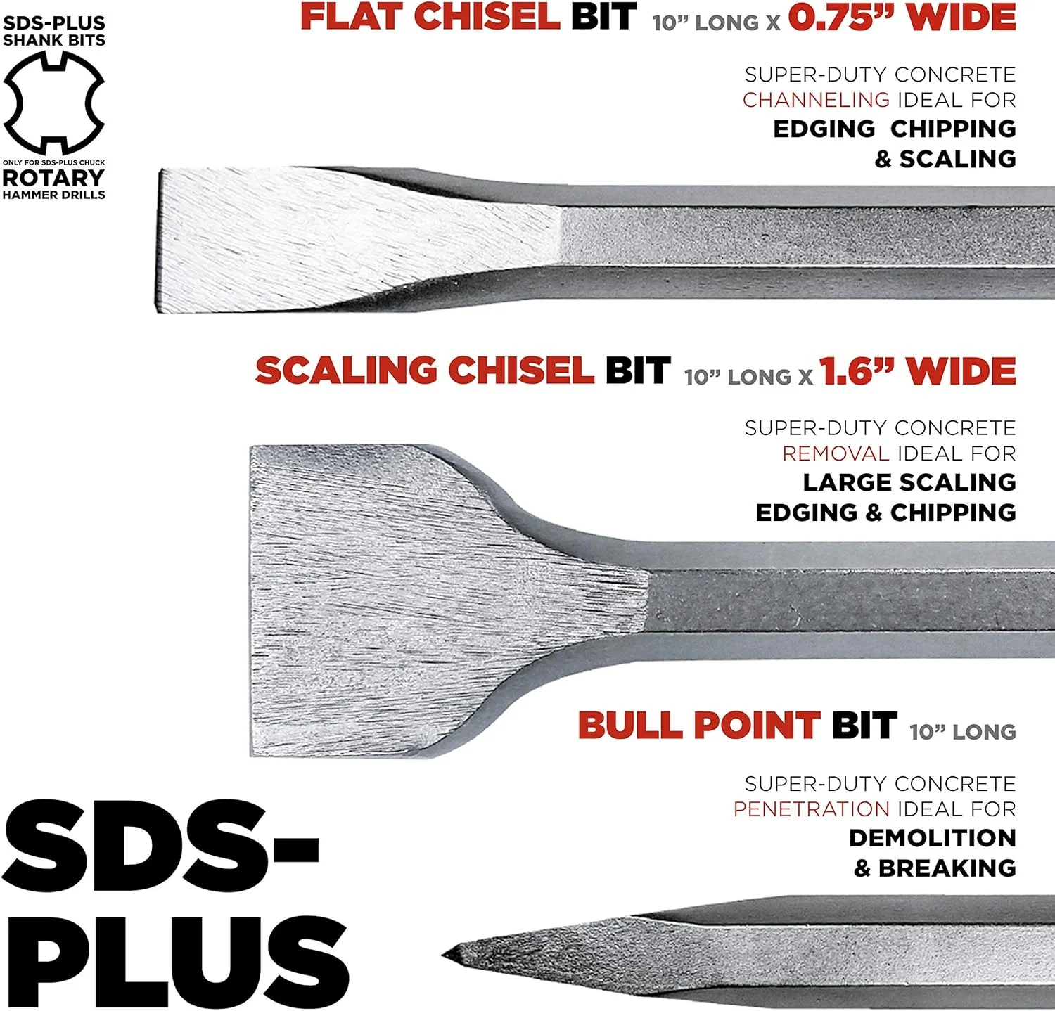 مجموعه 3 عددی قلم و نوک تیز SDS-Plus برای چکش های چرخشی SDS+ - تخریب تهاجمی برای بتن و کاشی - نوک های کاربیدی