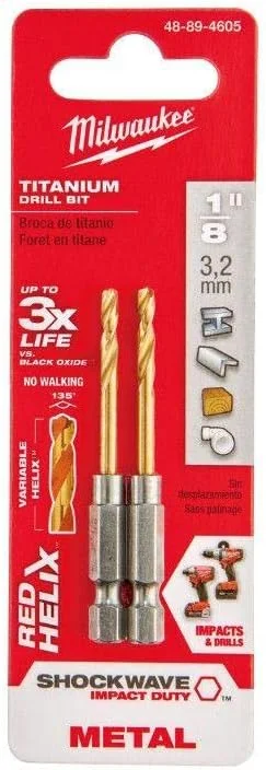 مته های ضربه ای شاک ویو میلواکی RED HELIX با ساق هگز 1/4 اینچی، سایز 1/8 اینچ، بسته 2 عددی