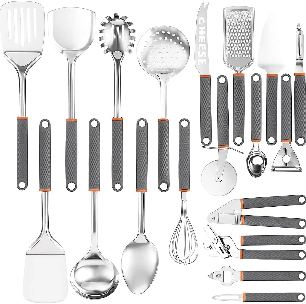 ست ۱۹ تکه لوازم آشپزخانه - ست لوازم پخت و پز نچسب استیل ضد زنگ ممتاز با دستههای مقاوم در برابر حرارت | کفگیر، ملاقه، همزن، انبر و موارد دیگر برای استفاده خانگی و حرفه ای ست ۱۹ تکه لوازم آشپزخانه - ست لوازم پخت و پز نچسب استیل ضد زنگ ممتاز با دستههای مقاوم در برابر حرارت | کفگیر، ملاقه، همزن، انبر و موارد دیگر برای استفاده خانگی و حرفه ای