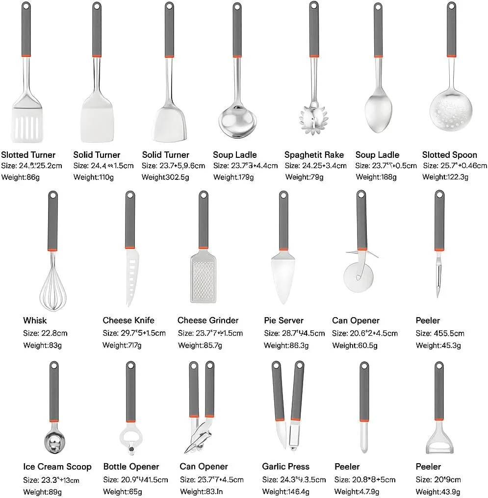 ست ۱۹ تکه لوازم آشپزخانه - ست لوازم پخت و پز نچسب استیل ضد زنگ ممتاز با دسته‌های مقاوم در برابر حرارت | کفگیر، ملاقه، همزن، انبر و موارد دیگر برای استفاده خانگی و حرفه ای