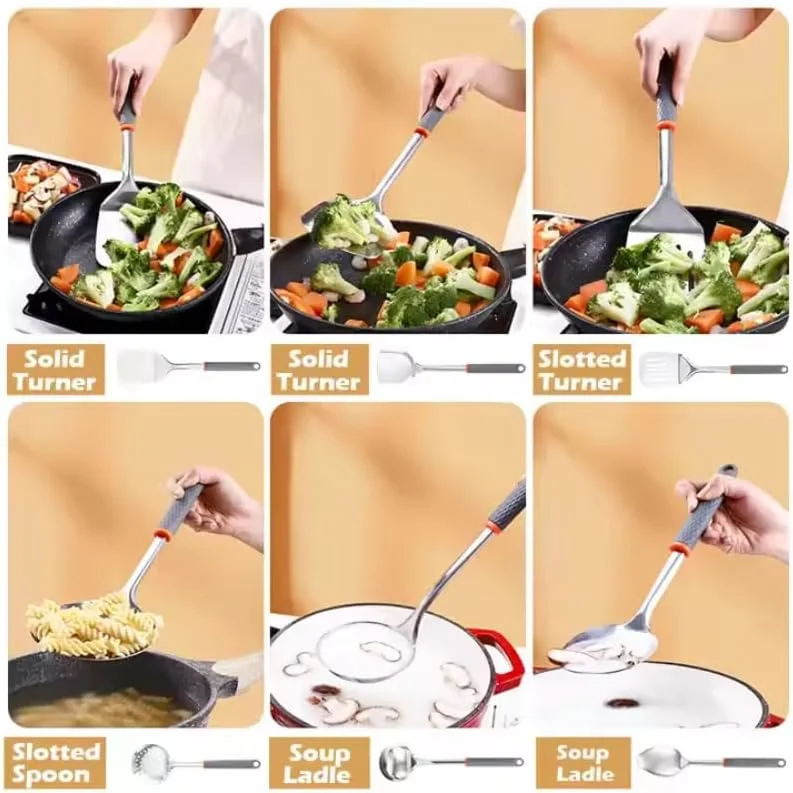 ست ۱۹ تکه لوازم آشپزخانه - ست لوازم پخت و پز نچسب استیل ضد زنگ ممتاز با دسته‌های مقاوم در برابر حرارت | کفگیر، ملاقه، همزن، انبر و موارد دیگر برای استفاده خانگی و حرفه ای