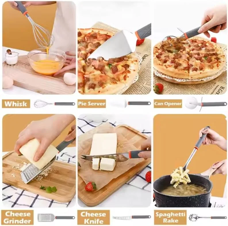 ست ۱۹ تکه لوازم آشپزخانه - ست لوازم پخت و پز نچسب استیل ضد زنگ ممتاز با دسته‌های مقاوم در برابر حرارت | کفگیر، ملاقه، همزن، انبر و موارد دیگر برای استفاده خانگی و حرفه ای