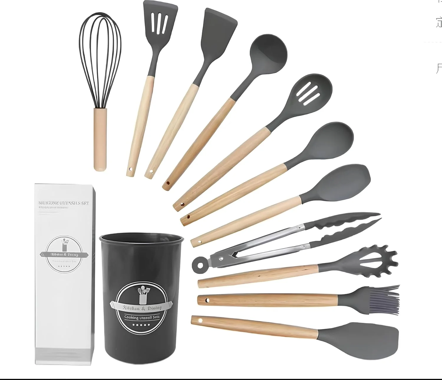 ست لوازم آشپزی سیلیکونی – 12 تکه ابزار آشپزخانه مقاوم در برابر حرارت با دسته های چوبی و نگهدارنده، فاقد BPA، ایمن برای ظروف نچسب، قابل شستشو در ماشین ظرفشویی – کفگیر، برگردان، ملاقه برای آشپزی در آشپزخانه