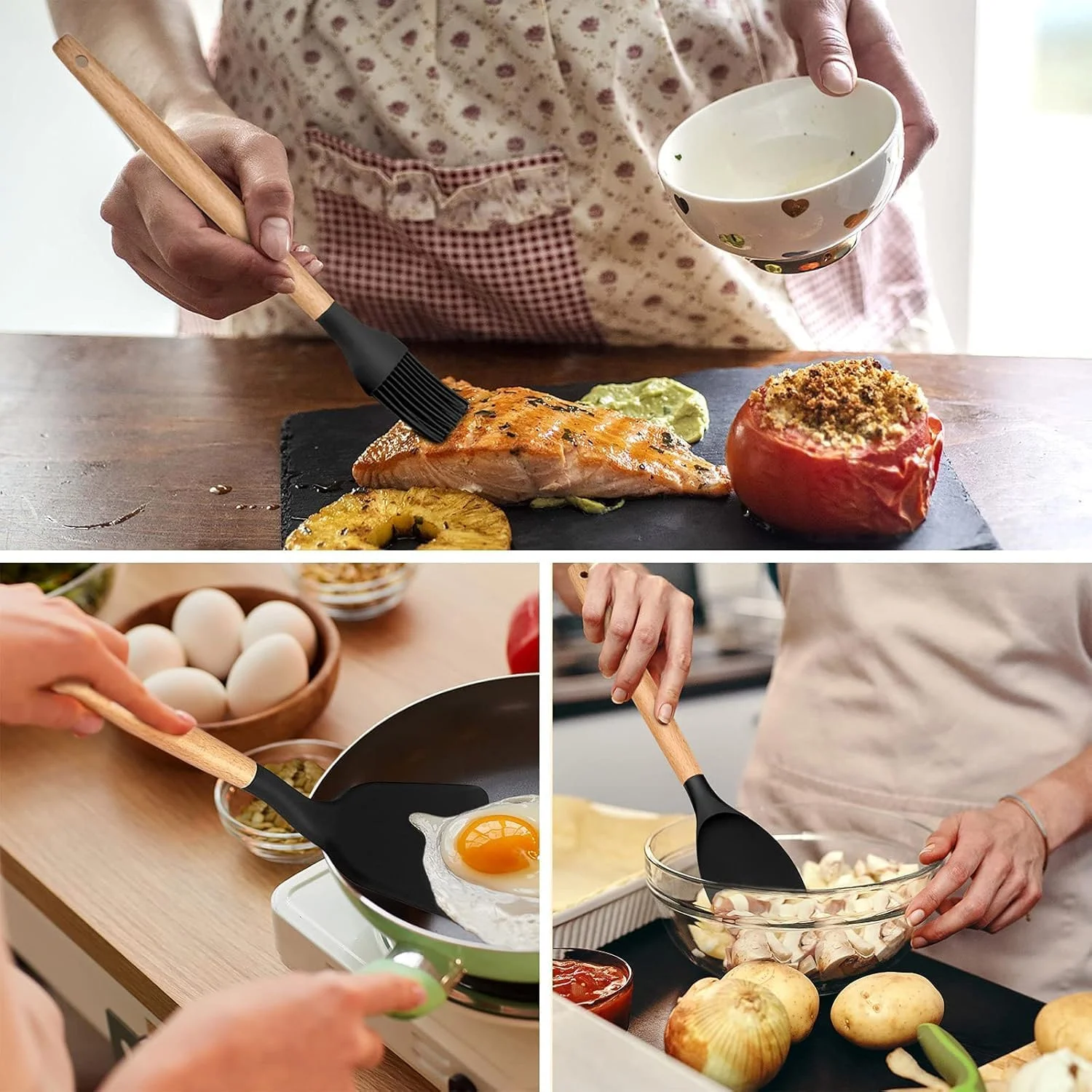 ست لوازم آشپزی سیلیکونی – 12 تکه ابزار آشپزخانه مقاوم در برابر حرارت با دسته های چوبی و نگهدارنده، فاقد BPA، ایمن برای ظروف نچسب، قابل شستشو در ماشین ظرفشویی – کفگیر، برگردان، ملاقه برای آشپزی در آشپزخانه