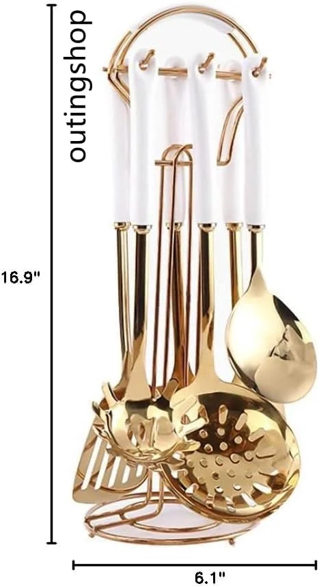 ست هفت پارچه لوازم آشپزخانه استیل آکواکس (طلایی سفید). شامل ۷ تکه ابزار آشپزی به همراه قفسه آویز. شامل کفگیر بزرگ، ملاقه سوپ، کاردک، قاشق پاستا.