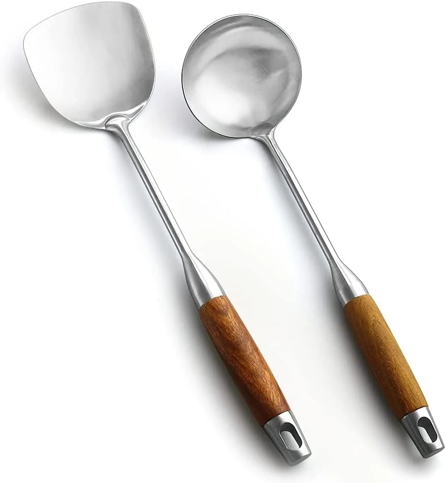 ست کفگیر و ملاقه ووک AOOSY، ابزار آشپزی استیل ضد زنگ 18/10، دسته چوبی، ملاقه سوپ 38 سانتی متری، ست 2 عددی ست کفگیر و ملاقه ووک AOOSY، ابزار آشپزی استیل ضد زنگ 18/10، دسته چوبی، ملاقه سوپ 38 سانتی متری، ست 2 عددی