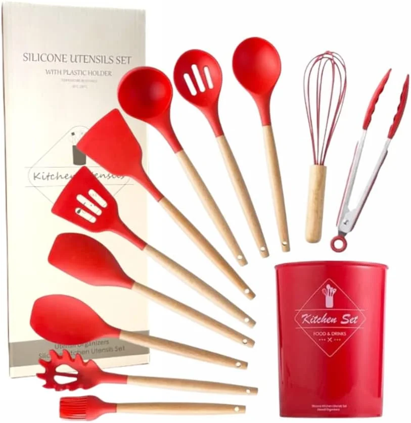 ست 12 تکه ابزار آشپزی سیلیکونی ARTC با دسته چوبی برای ظروف نچسب، شامل انبر، کفگیر، قاشق و غیره (قرمز) ست 12 تکه ابزار آشپزی سیلیکونی ARTC با دسته چوبی برای ظروف نچسب، شامل انبر، کفگیر، قاشق و غیره (قرمز)