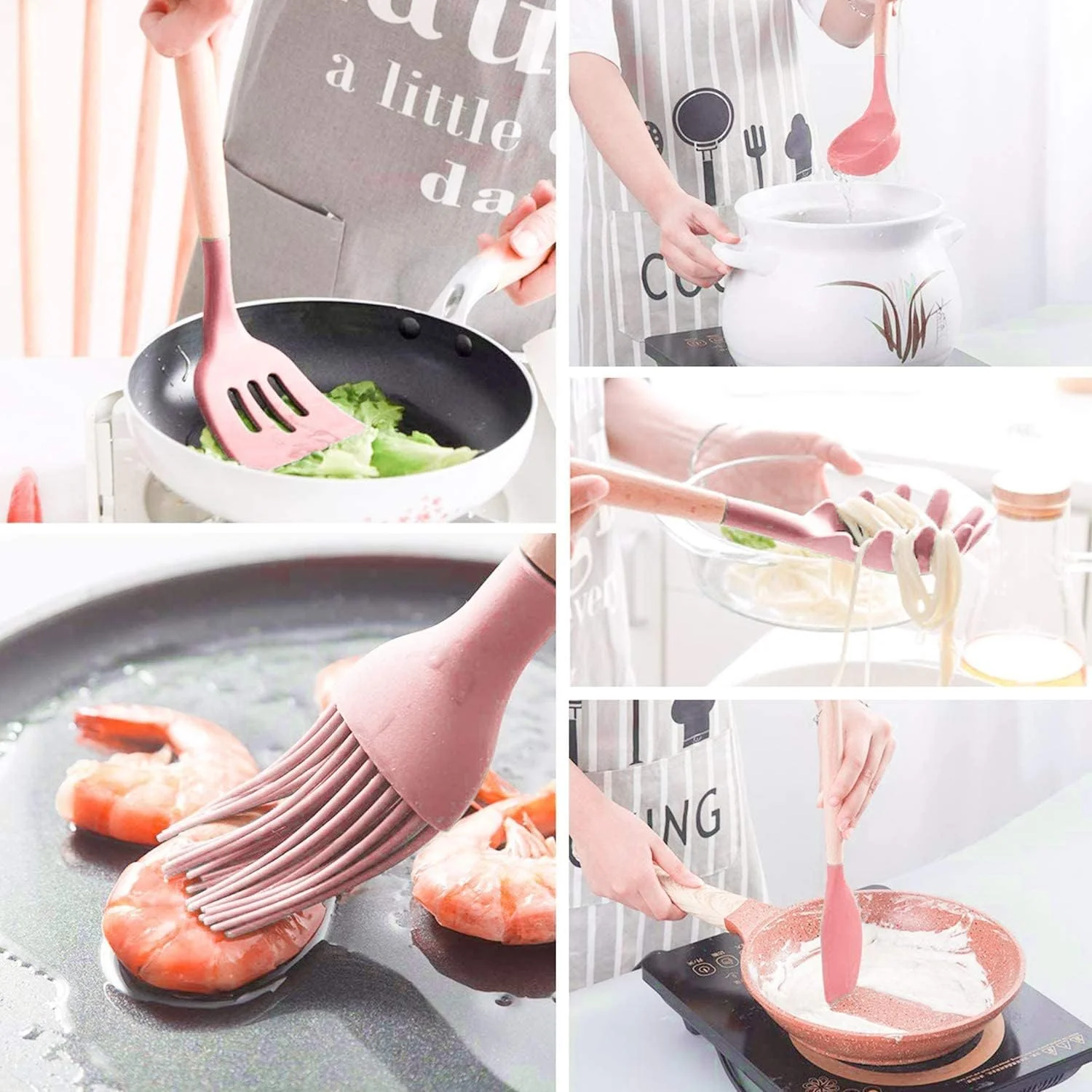 ست لوازم آشپزی سیلیکونی Arabest، دسته چوبی مقاوم در برابر حرارت، ابزار آشپزی بدون BPA، ست 12 تکه لوازم آشپزخانه سیلیکونی غیر سمی شامل کفگیر، انبر، قاشق و ابزار آشپزی برای ظروف نچسب - صورتی