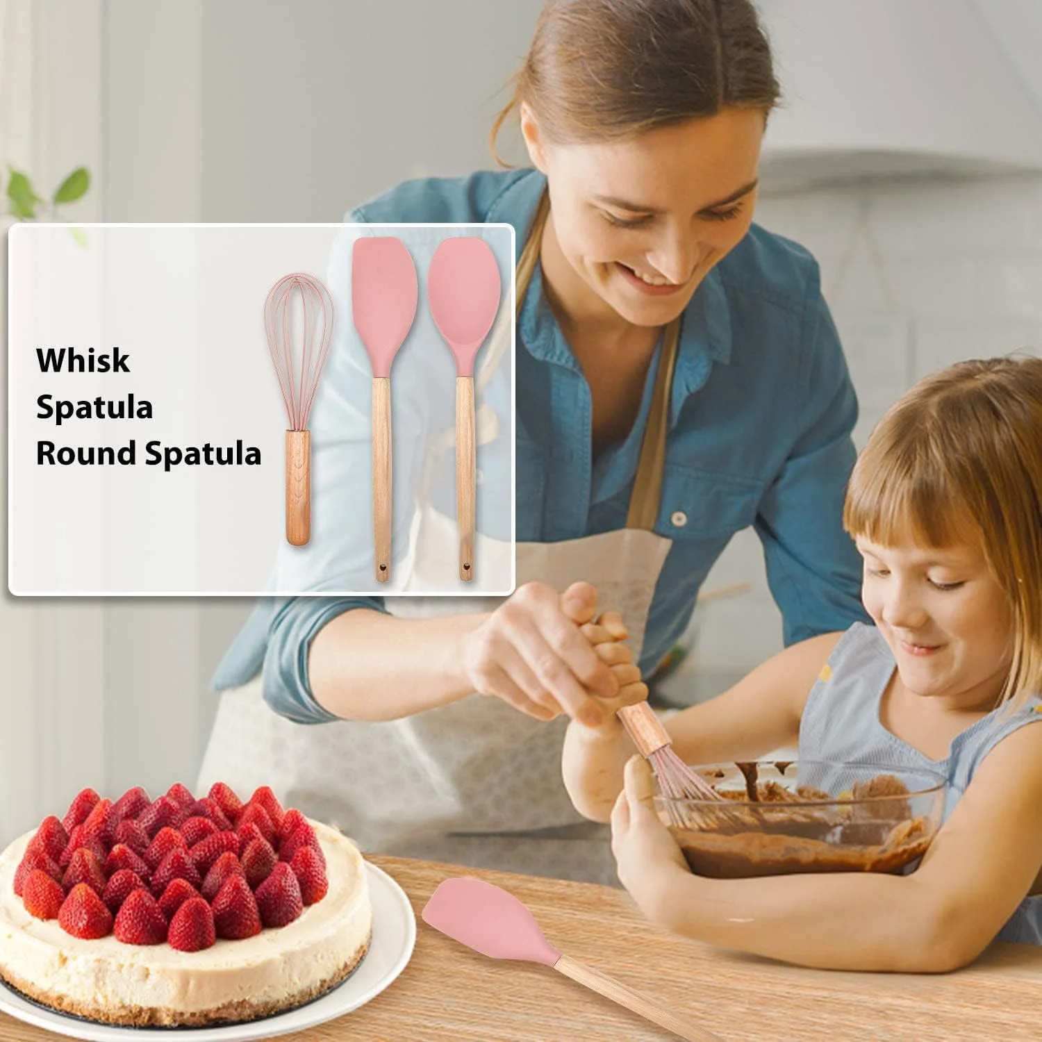 ست لوازم آشپزی سیلیکونی Arabest، دسته چوبی مقاوم در برابر حرارت، ابزار آشپزی بدون BPA، ست 12 تکه لوازم آشپزخانه سیلیکونی غیر سمی شامل کفگیر، انبر، قاشق و ابزار آشپزی برای ظروف نچسب - صورتی