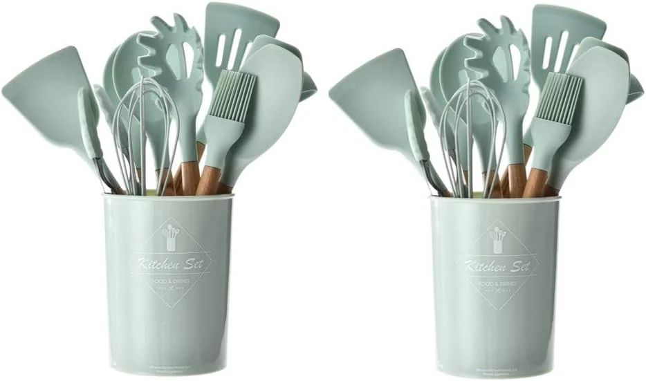 ست 12 پارچه ابزار آشپزی سیلیکونی AWH، شامل کفگیر، قاشق چوبی مقاوم در برابر حرارت، ابزار آشپزی برای ظروف نچسب (سبز، پیشنهاد 2 عددی)