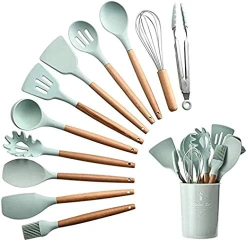 ست 12 پارچه ابزار آشپزی سیلیکونی AWH، شامل کفگیر، قاشق چوبی مقاوم در برابر حرارت، ابزار آشپزی برای ظروف نچسب (سبز، پیشنهاد 2 عددی)