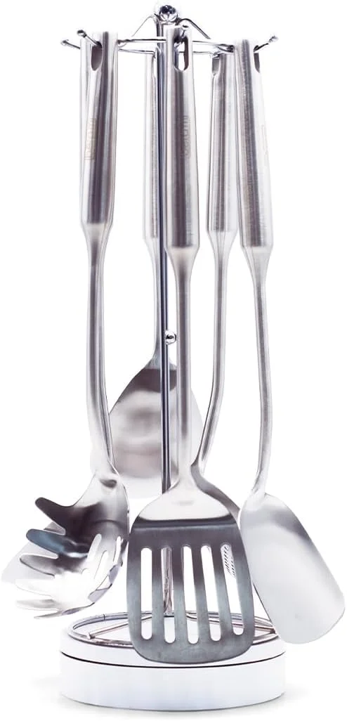 ست لوازم آشپزی استیل ضد زنگ BERAM، ست 6 تکه ابزار آشپزی 304 به همراه پایه – سرور پاستا، قاشق برنج، کفگیر، لیسک، ملاقه سوپ، کفگیر صافی – ابزار آشپزخانه برای استفاده روزانه