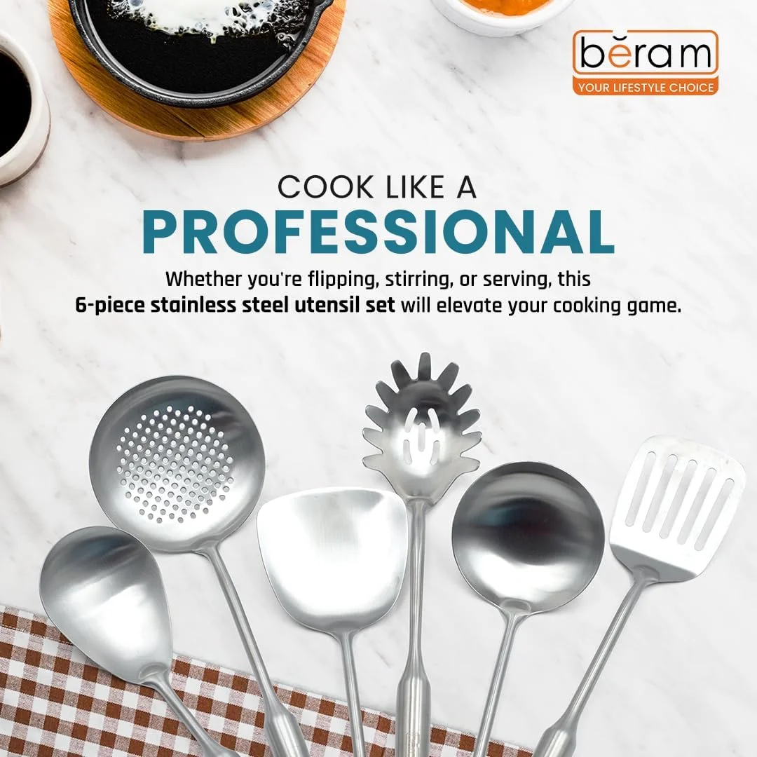 ست لوازم آشپزی استیل ضد زنگ BERAM، ست 6 تکه ابزار آشپزی 304 به همراه پایه – سرور پاستا، قاشق برنج، کفگیر، لیسک، ملاقه سوپ، کفگیر صافی – ابزار آشپزخانه برای استفاده روزانه