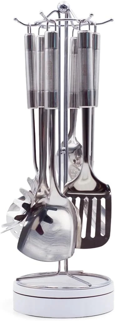 ست لوازم آشپزی استیل ضد زنگ BERAM – ست 6 تکه ابزار آشپزخانه شامل سرو کننده پاستا، کفگیر، کاردک، ملاقه سوراخ دار، پیمانه برنج و ملاقه سوپ – لوازم آشپزی بادوام نقره ای مات