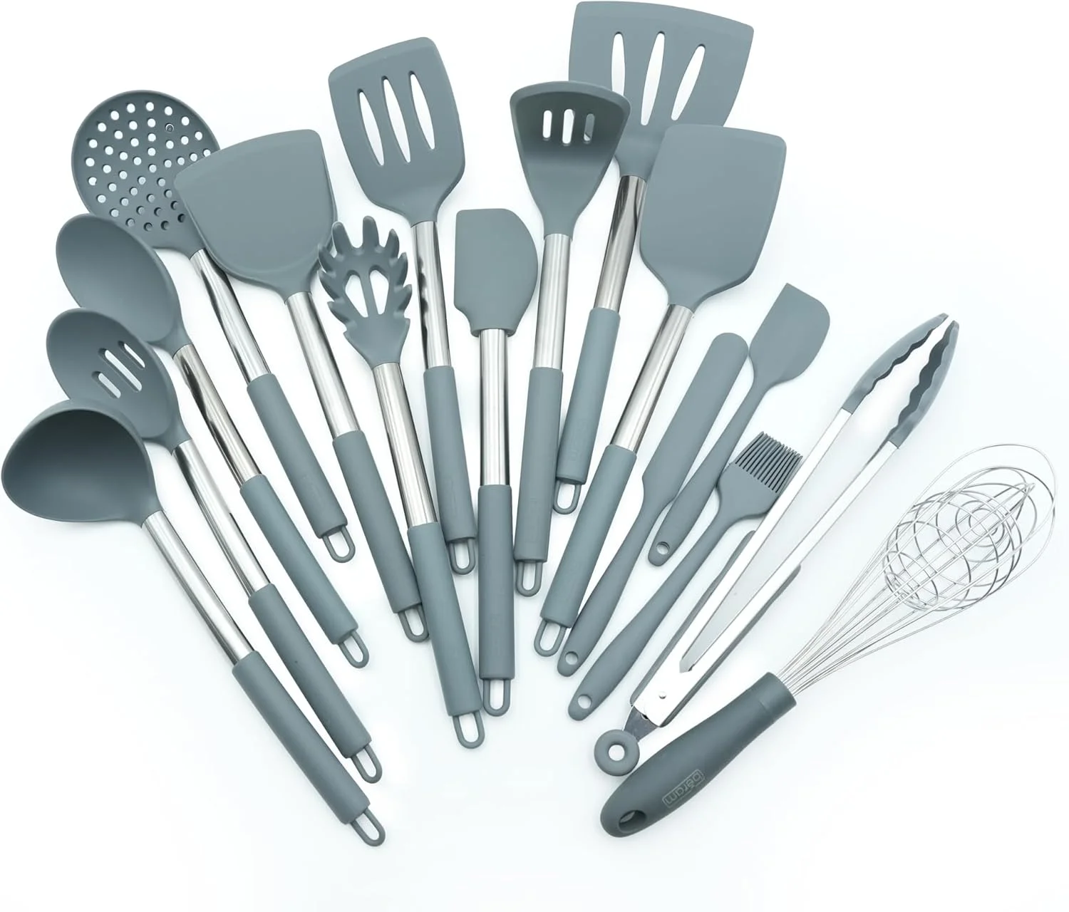 ست 16 تکه لوازم آشپزخانه سیلیکونی Beram با دسته های استیل ضد زنگ مقاوم در برابر حرارت، نچسب، ایمن و بدون BPA شامل کفگیر، قاشق، انبر، همزن، ملاقه و موارد دیگر - خاکستری (ست 16 تکه)