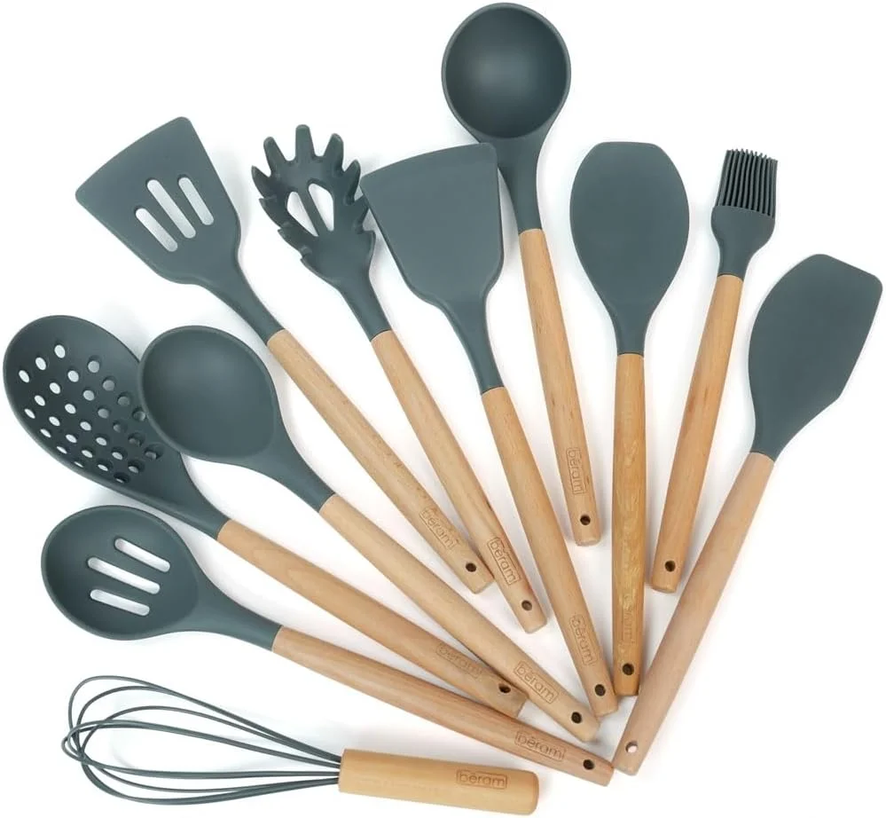 ست 11 تکه لوازم آشپزی سیلیکونی Beram با دسته های چوبی مقاوم در برابر حرارت و بدون BPA، ست ابزار آشپزخانه نچسب برای پخت و پز، هم زدن، سرو و مخلوط کردن - خاکستری (ست 11 تکه)