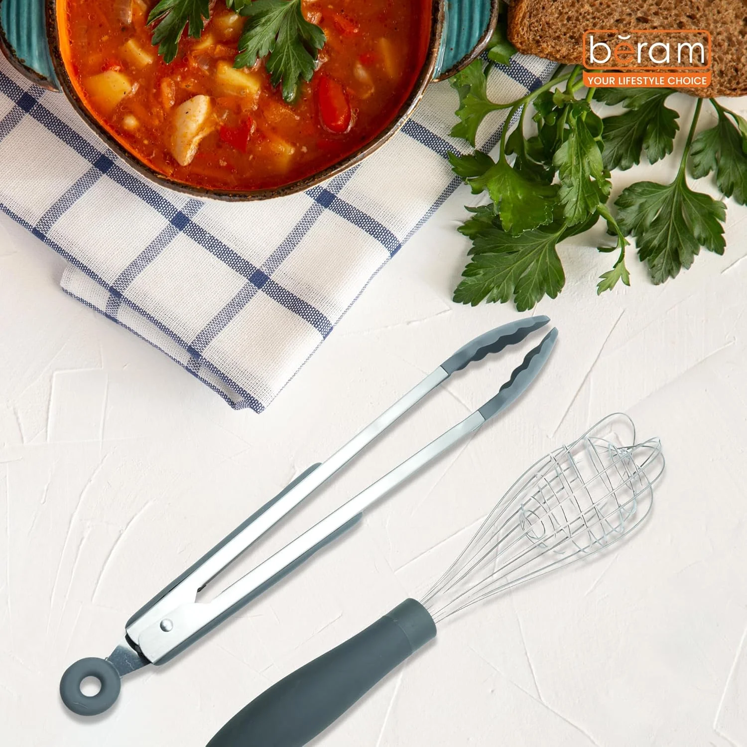 ست 16 تکه لوازم آشپزخانه سیلیکونی Beram با دسته های استیل ضد زنگ مقاوم در برابر حرارت، نچسب، ایمن و بدون BPA شامل کفگیر، قاشق، انبر، همزن، ملاقه و موارد دیگر - خاکستری (ست 16 تکه)