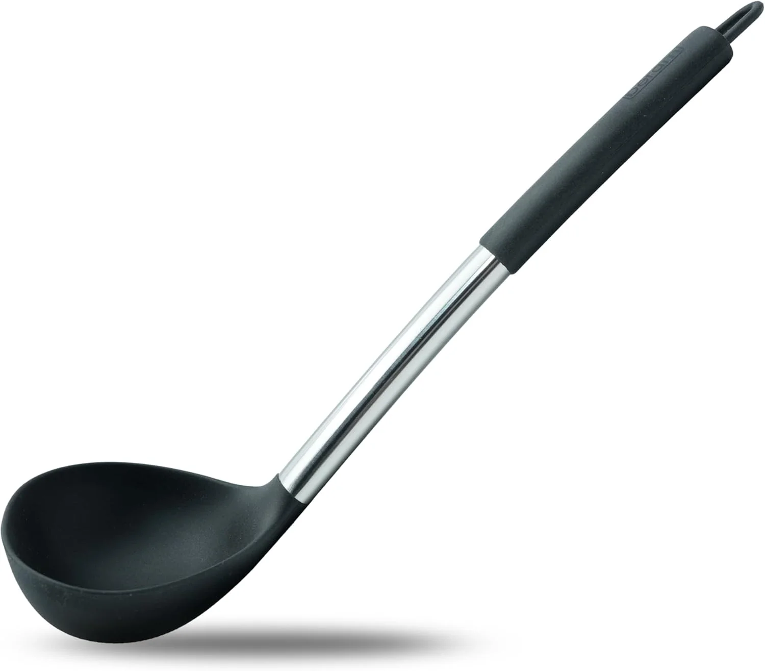 ملاقه سوپ سیلیکونی Beram با دسته استیل ضد زنگ، مقاوم در برابر حرارت، ابزار آشپزخانه، ایمن برای ظروف نچسب، فاقد BPA، ابزار پخت و پز، کفگیر مشکی (تک ملاقه سوپ)