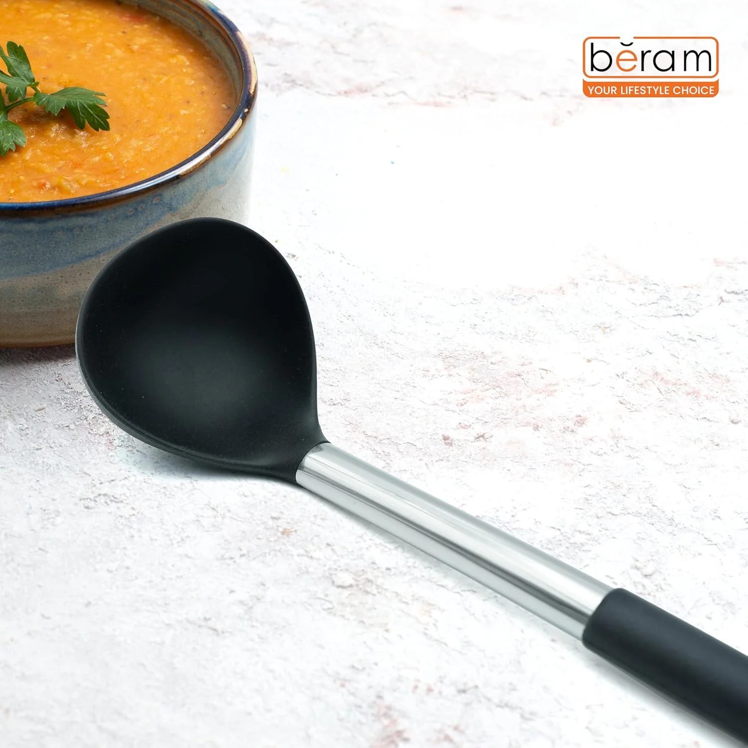 ملاقه سوپ سیلیکونی Beram با دسته استیل ضد زنگ، مقاوم در برابر حرارت، ابزار آشپزخانه، ایمن برای ظروف نچسب، فاقد BPA، ابزار پخت و پز، کفگیر مشکی (تک ملاقه سوپ) ملاقه سوپ سیلیکونی Beram با دسته استیل ضد زنگ، مقاوم در برابر حرارت، ابزار آشپزخانه، ایمن برای ظروف نچسب، فاقد BPA، ابزار پخت و پز، کفگیر مشکی (تک ملاقه سوپ)