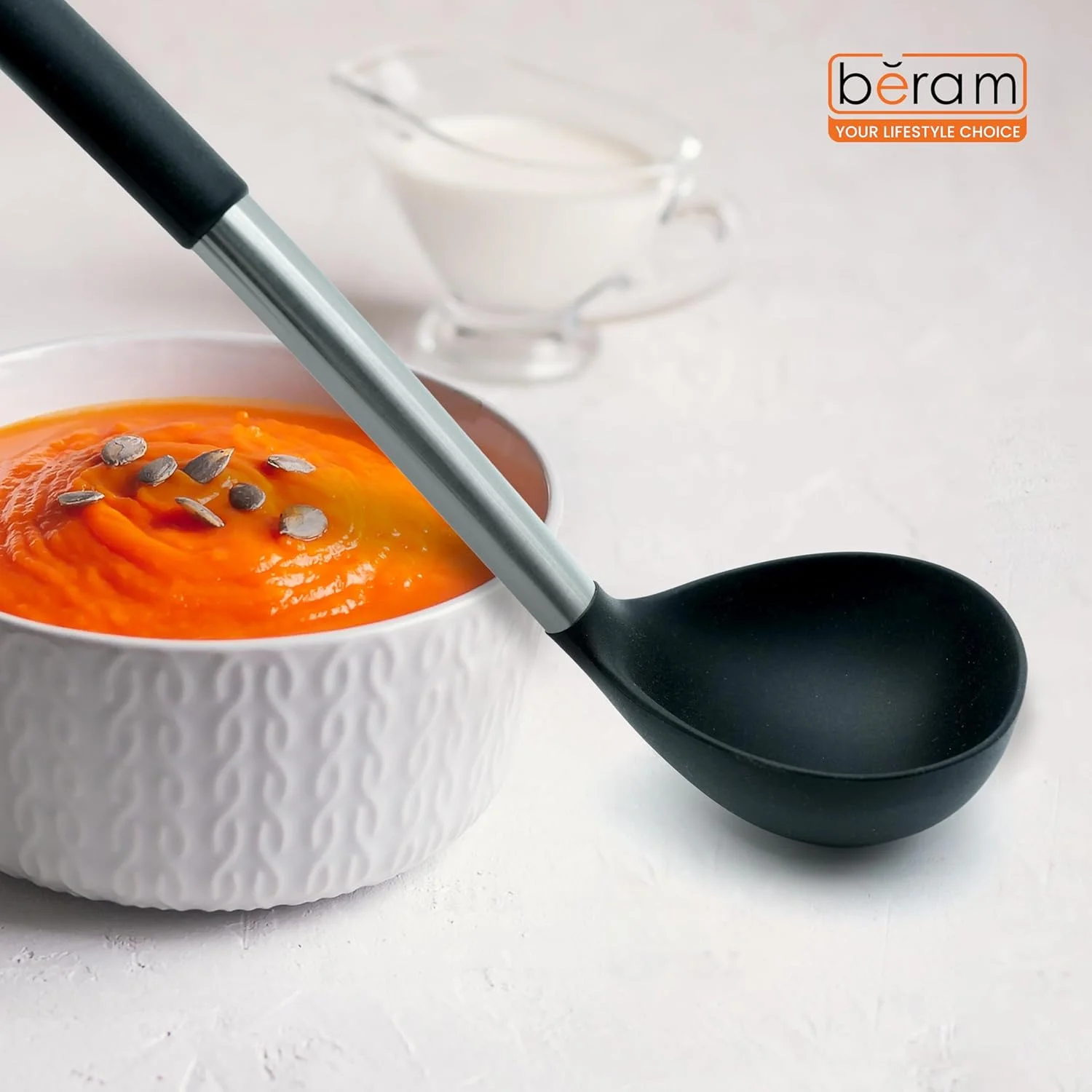 ملاقه سوپ سیلیکونی Beram با دسته استیل ضد زنگ، مقاوم در برابر حرارت، ابزار آشپزخانه، ایمن برای ظروف نچسب، فاقد BPA، ابزار پخت و پز، کفگیر مشکی (تک ملاقه سوپ) ملاقه سوپ سیلیکونی Beram با دسته استیل ضد زنگ، مقاوم در برابر حرارت، ابزار آشپزخانه، ایمن برای ظروف نچسب، فاقد BPA، ابزار پخت و پز، کفگیر مشکی (تک ملاقه سوپ)