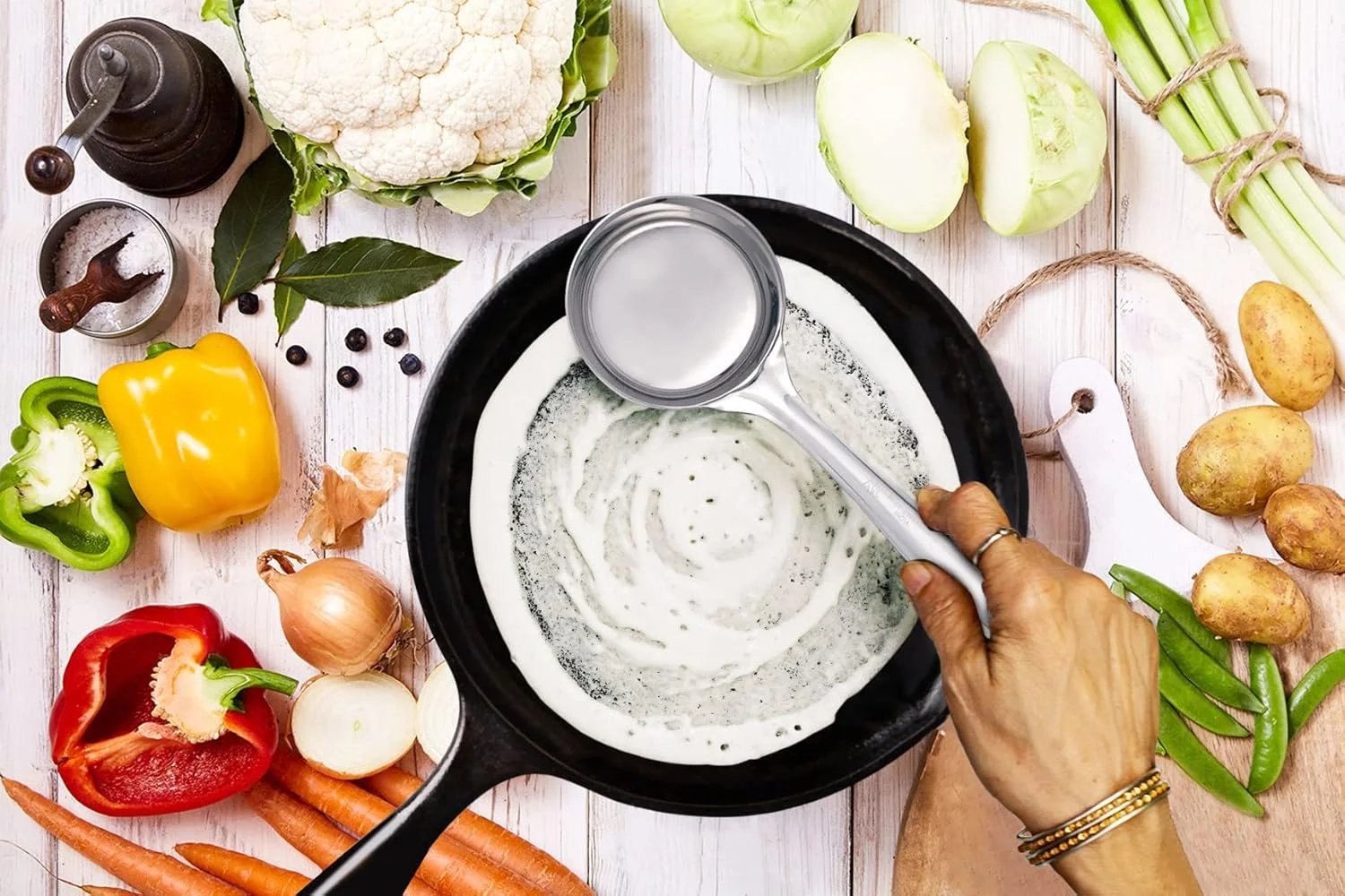 کفگیر دوسا و ملاقه دوسا استیل ضد زنگ با پایه تخت | قاشق مخصوص تهیه دوسا و برگرداننده دوسا | ابزار تهیه دوسا - ست 2 عددی (سایز کوچک) - 28 سانتی متر