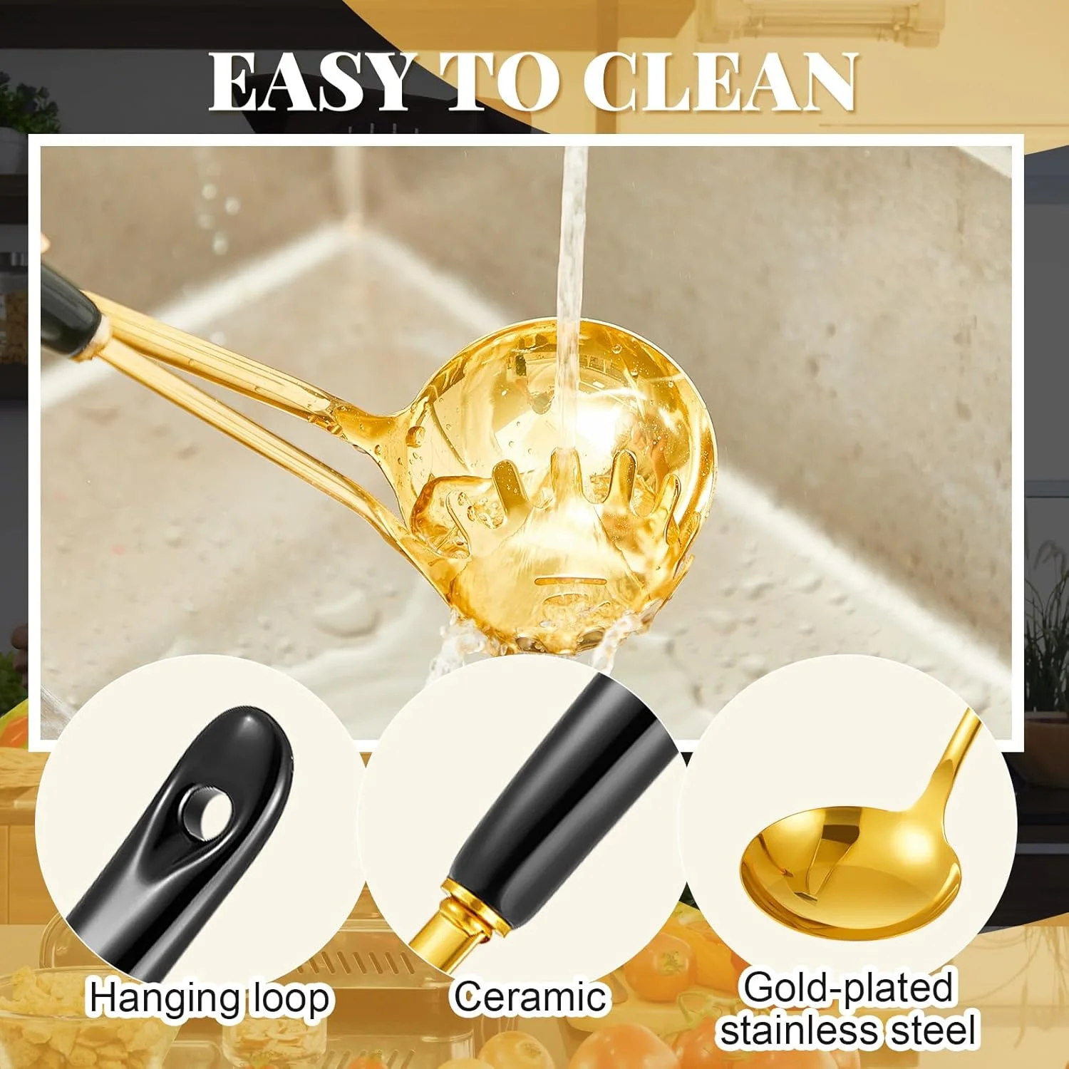 ست ۷ تکه لوازم آشپزی مشکی و طلایی، استیل ضد زنگ، به همراه آویز، شامل کفگیر، ملاقه، قاشق پاستا و غیره، تمیز کردن آسان