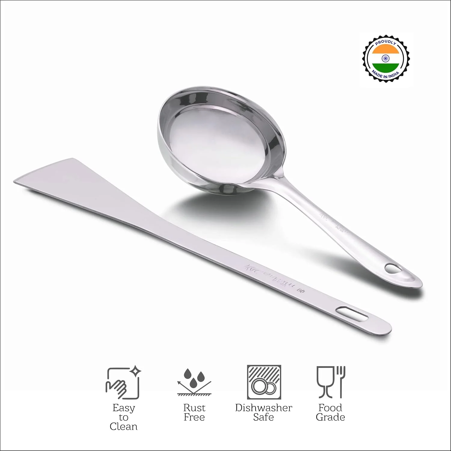 کفگیر دوسا و ملاقه دوسا استیل ضد زنگ با پایه تخت | قاشق مخصوص تهیه دوسا و برگرداننده دوسا | ابزار تهیه دوسا - ست 2 عددی (سایز کوچک) - 28 سانتی متر