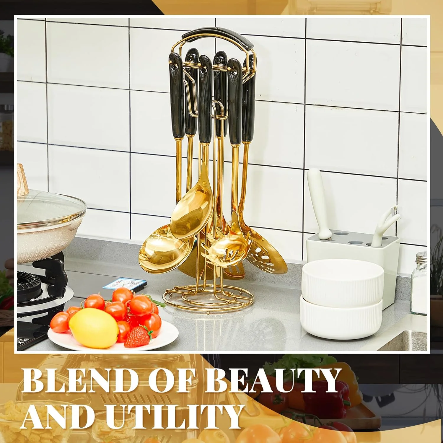 ست ۷ تکه لوازم آشپزی مشکی و طلایی، استیل ضد زنگ، به همراه آویز، شامل کفگیر، ملاقه، قاشق پاستا و غیره، تمیز کردن آسان