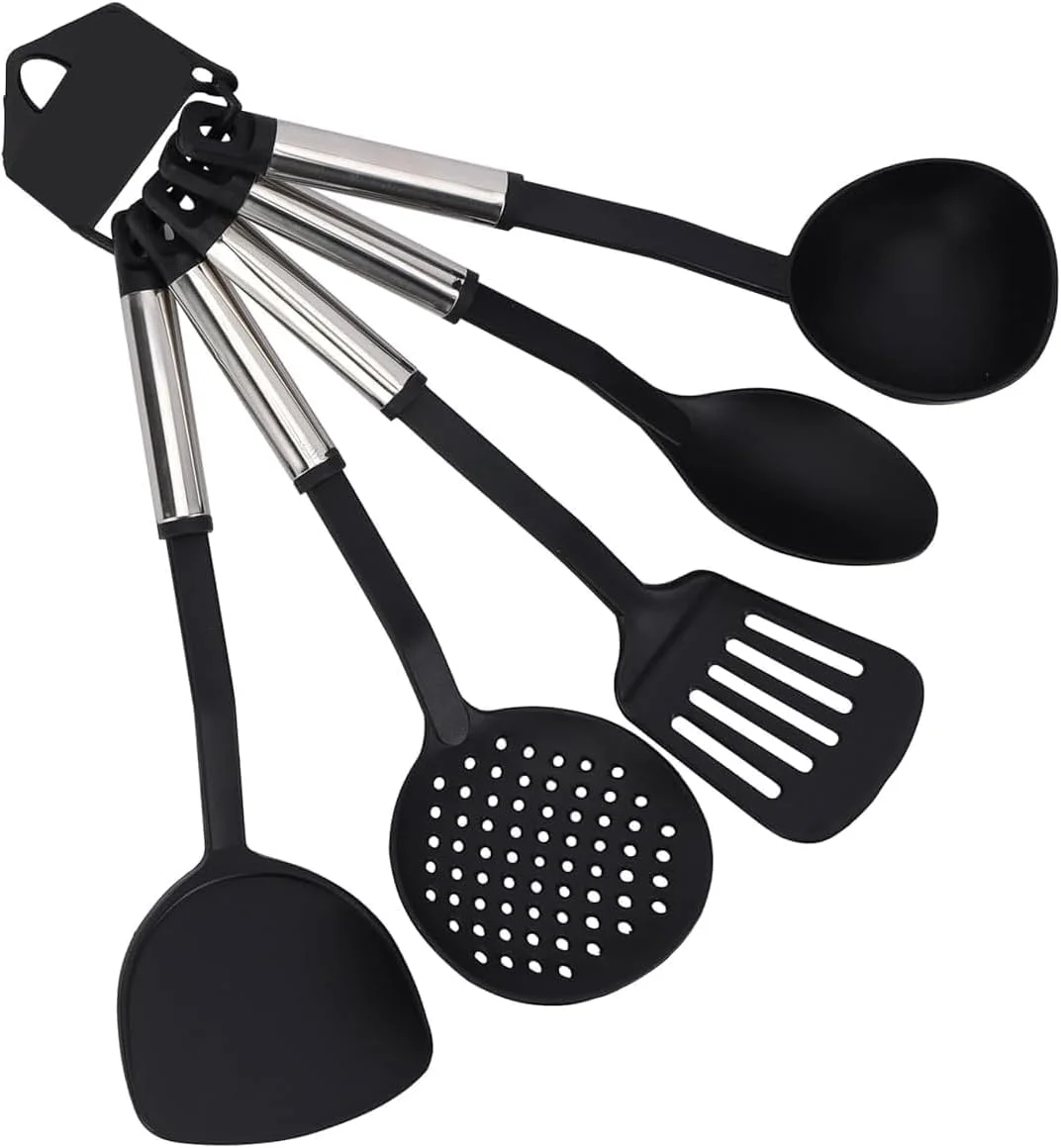 ECVV ست 5 تکه کفگیر شیاردار، ابزار آشپزخانه نایلونی، قاشق ساده - قاشق پاستا - پوره ساز و ملاقه - ست ابزار آشپزخانه سیلیکونی ECVV ست 5 تکه کفگیر شیاردار، ابزار آشپزخانه نایلونی، قاشق ساده - قاشق پاستا - پوره ساز و ملاقه - ست ابزار آشپزخانه سیلیکونی