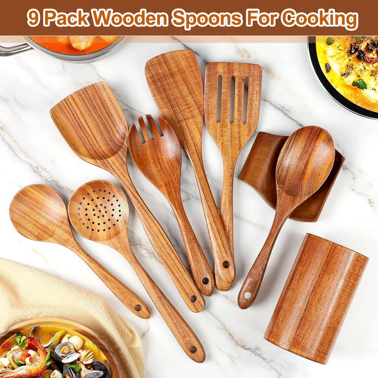 ست قاشق چوبی برای آشپزی، ست 9 تکه ظروف آشپزی چوبی از جنس چوب ساج طبیعی، ست ظروف آشپزی نچسب شامل کفگیر، ملاقه، قاشق صافی، چنگال سالاد، قاشق مخلوط کن و نگهدارنده ظروف